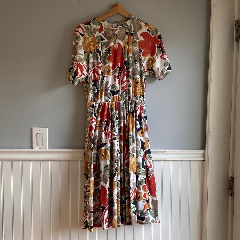 Vintage Floral Midi Dress with Red & Mustard Blooms